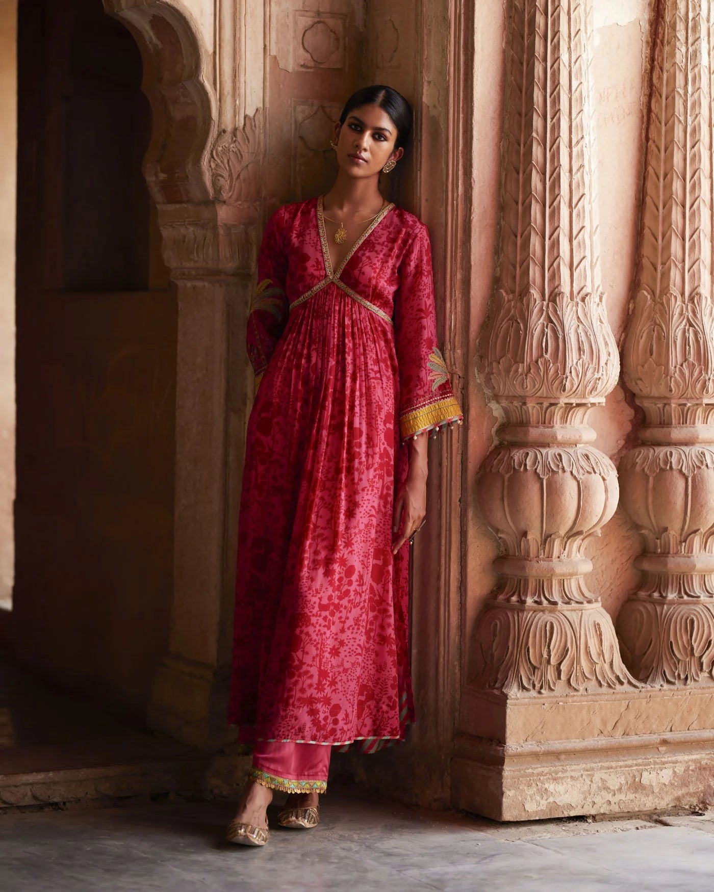 Nadira Hot Pink Tree Bell Sleeve Kurta Set