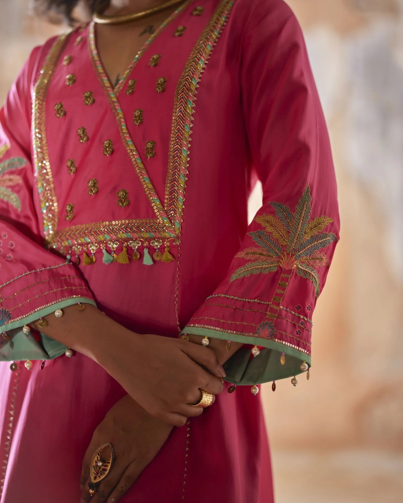 Nadira Hot Pink Silk Yoke Kurta Set