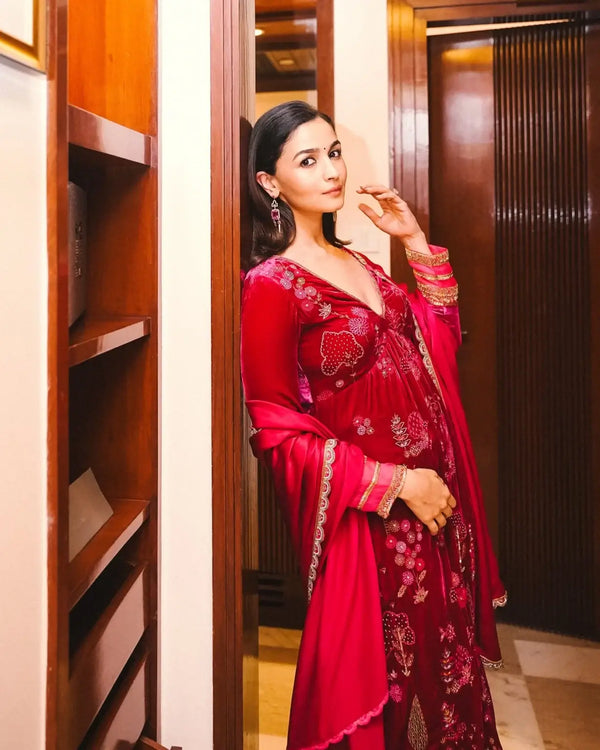 Alia Bhatt Nadira Jester Red  Velvet Set
