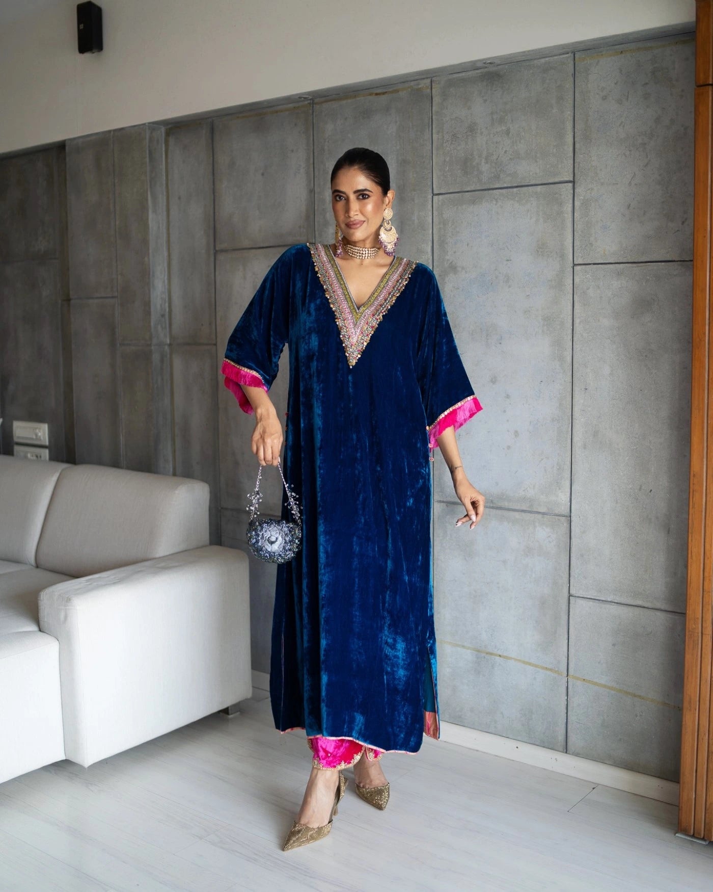 Nadira Blue Velvet Kaftan Kurta Set