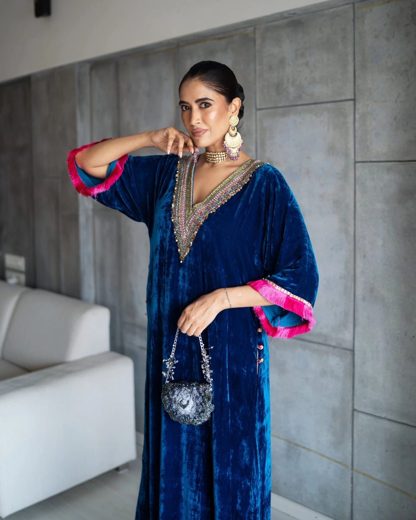 Nadira Blue Velvet Kaftan Kurta Set