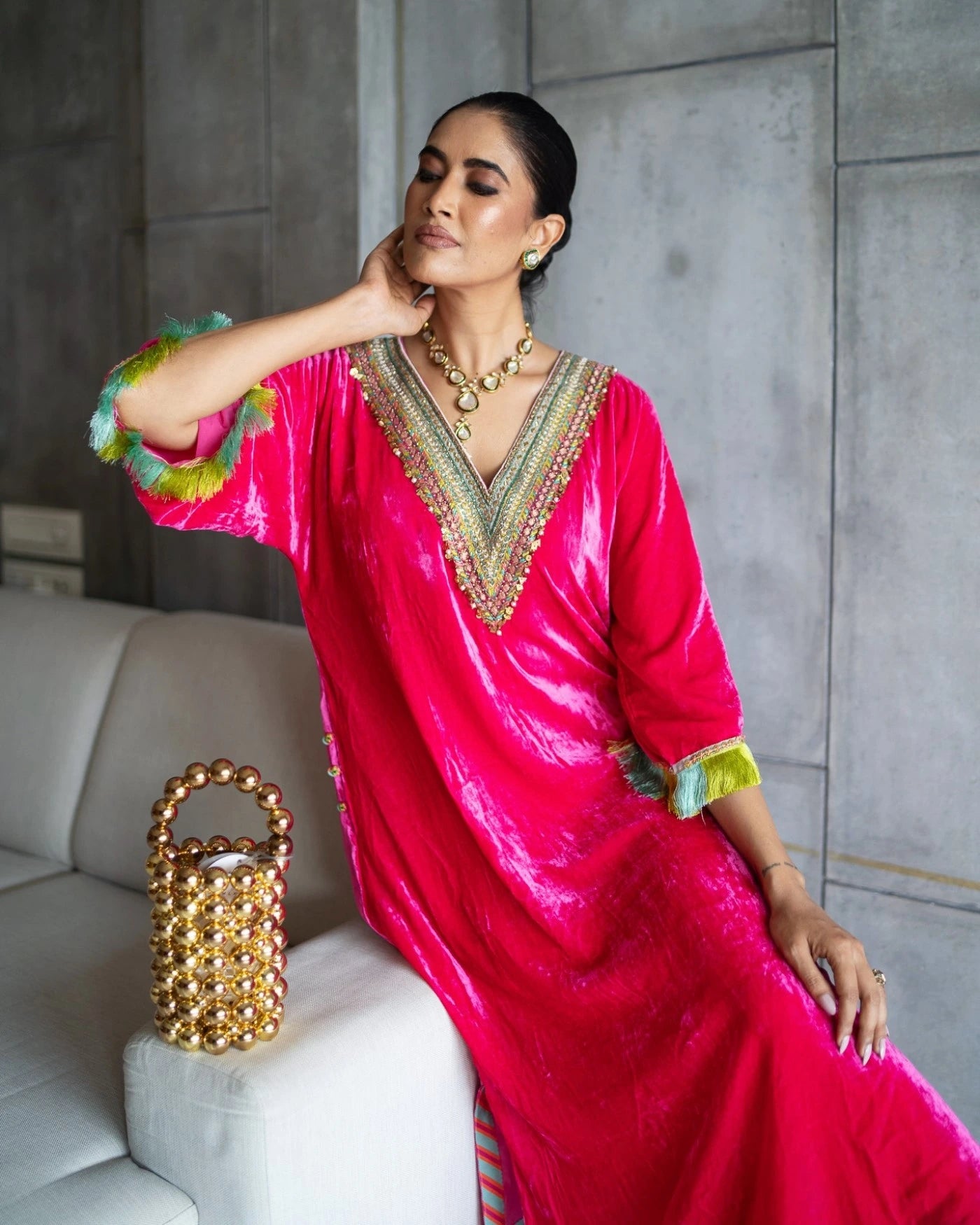 Nadira Hot Pink Velvet Kaftan Kurta Set