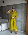 Nadira Lime Yellow Sprinkle Bell Sleeve Velvet  Kurta Set