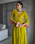 Nadira Lime Yellow Sprinkle Bell Sleeve Velvet  Kurta Set