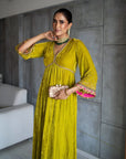 Nadira Lime Yellow Sprinkle Bell Sleeve Velvet  Kurta Set