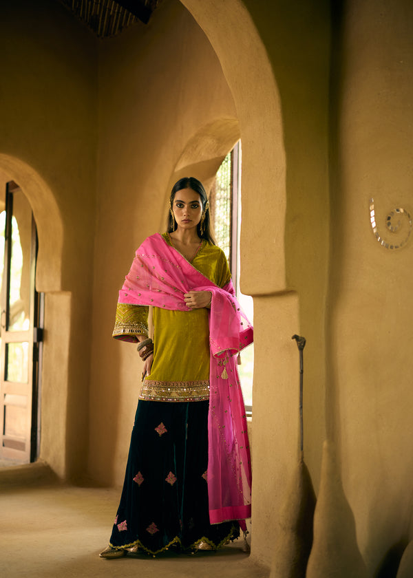 Nisbat Yellow- Green Velvet Sharara Set
