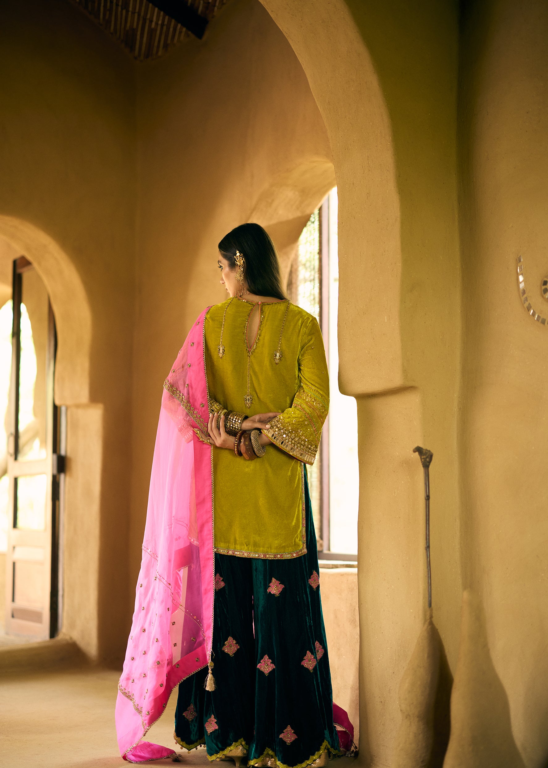 Nisbat Yellow- Green Velvet Sharara Set