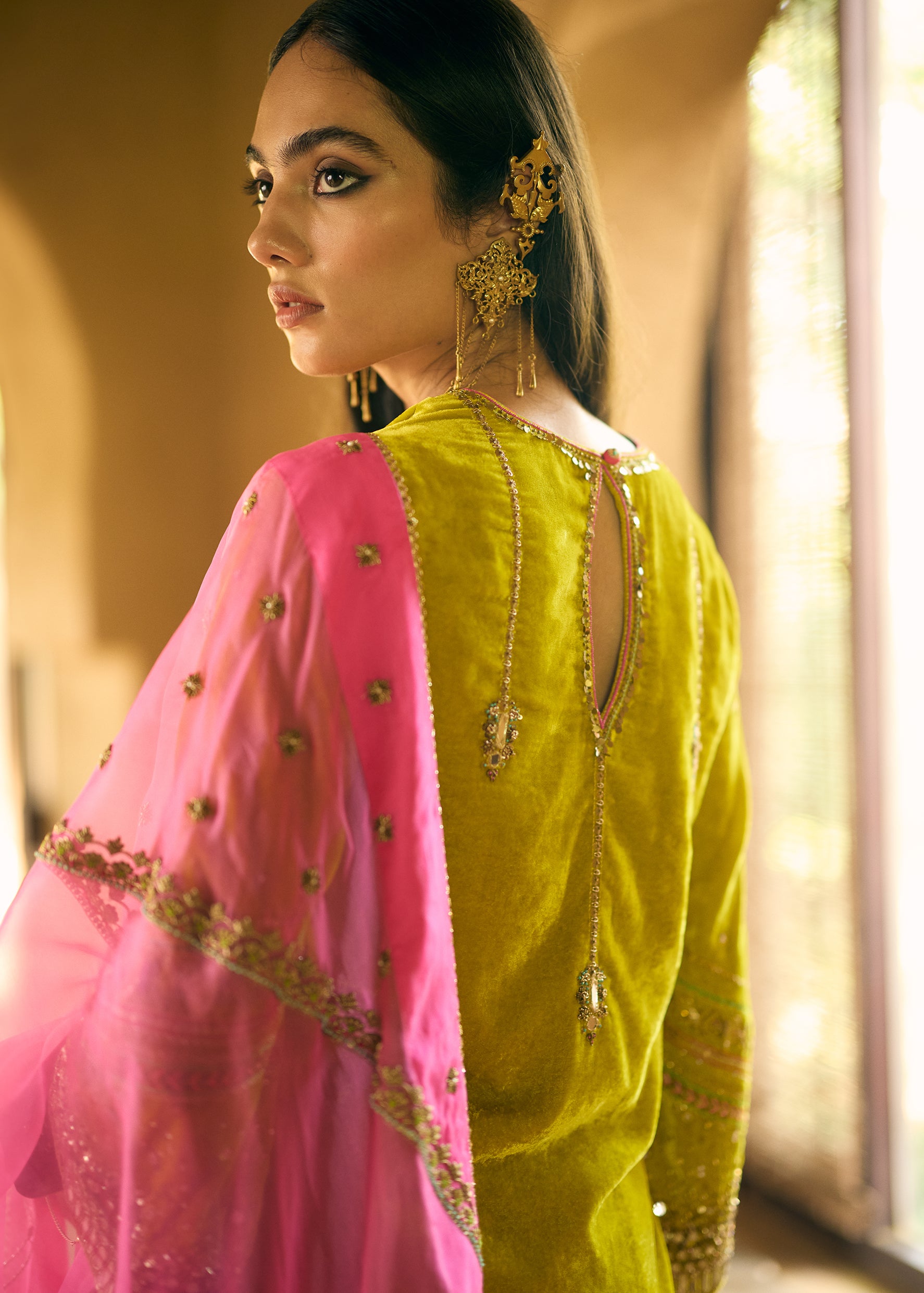 Nisbat Yellow- Green Velvet Sharara Set