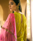Nisbat Yellow- Green Velvet Sharara Set