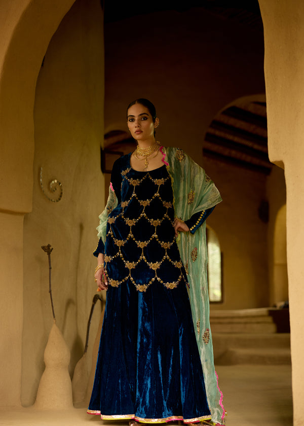 Nisbat Jester Blue Velvet Sharara Set