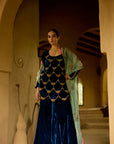 Nisbat Jester Blue Velvet Sharara Set