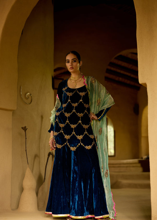 Nisbat Jester Blue Velvet Sharara Set