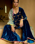 Nisbat Jester Blue Velvet Sharara Set
