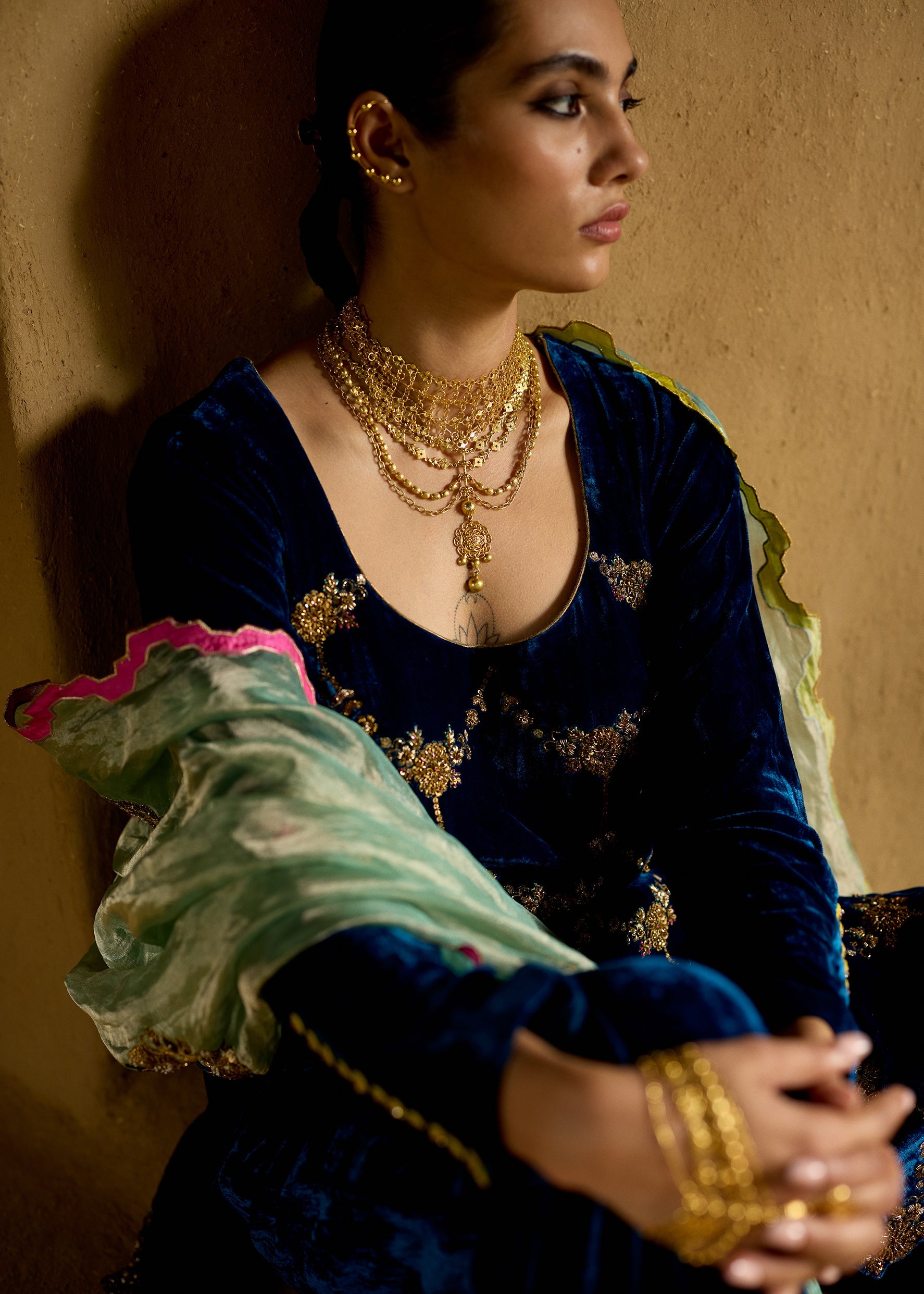 Nisbat Jester Blue Velvet Sharara Set