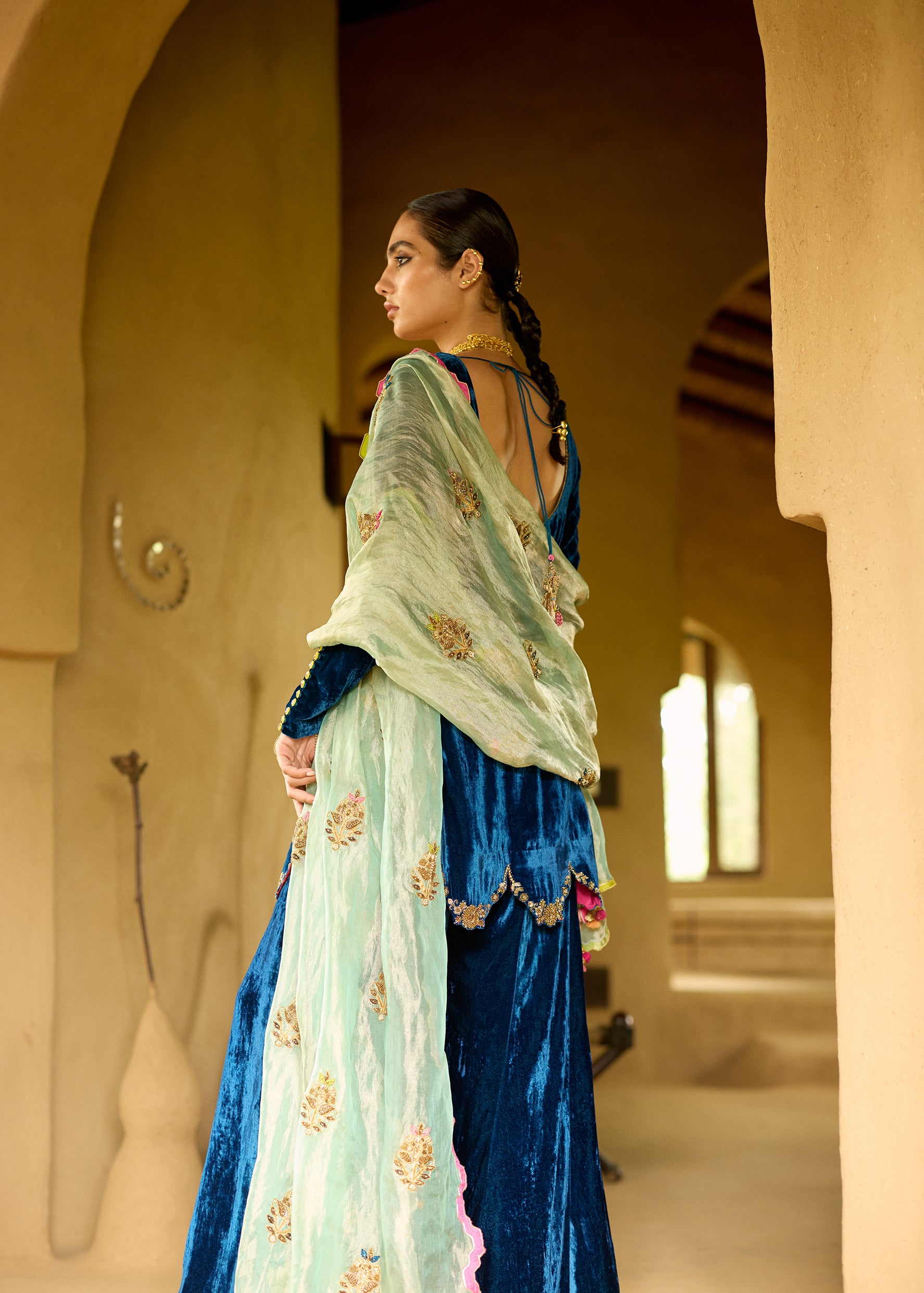 Nisbat Jester Blue Velvet Sharara Set