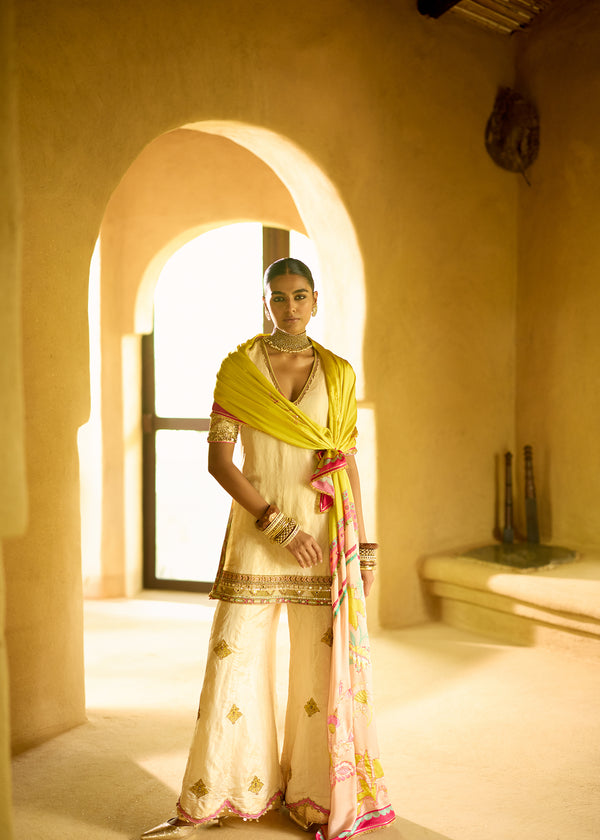 Nisbat Ivory Tissue Sharara Set