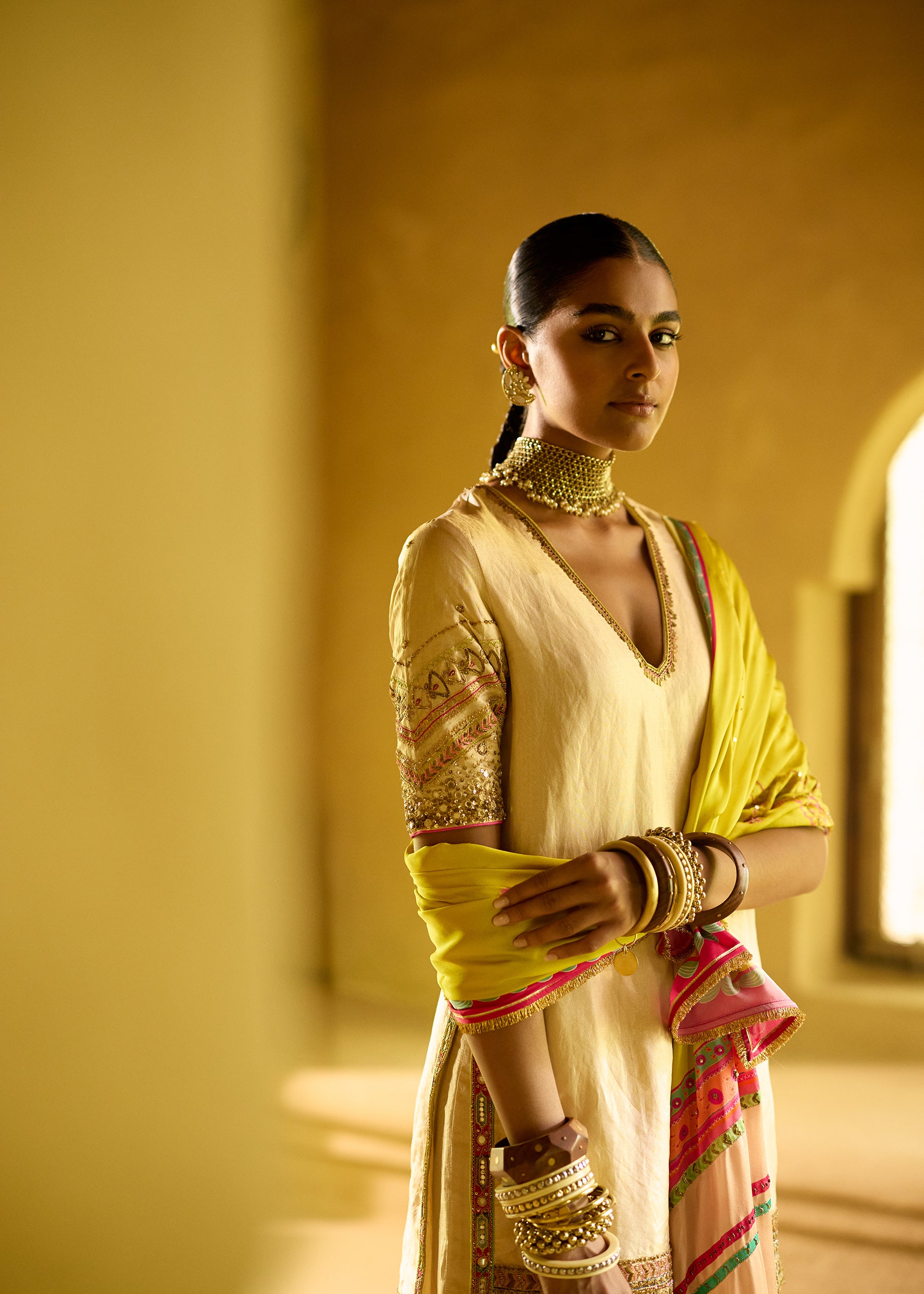 Nisbat Ivory Tissue Sharara Set