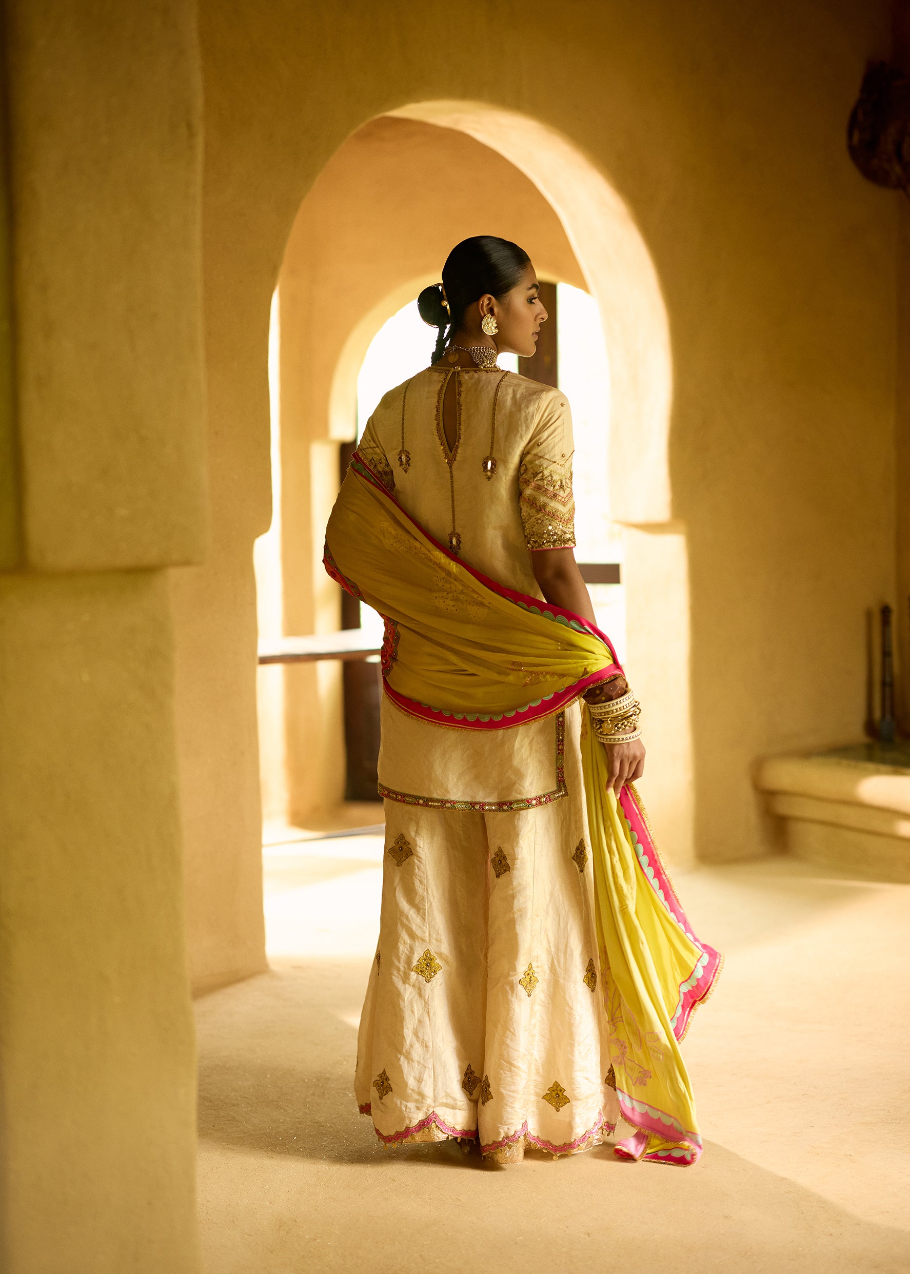 Nisbat Ivory Tissue Sharara Set