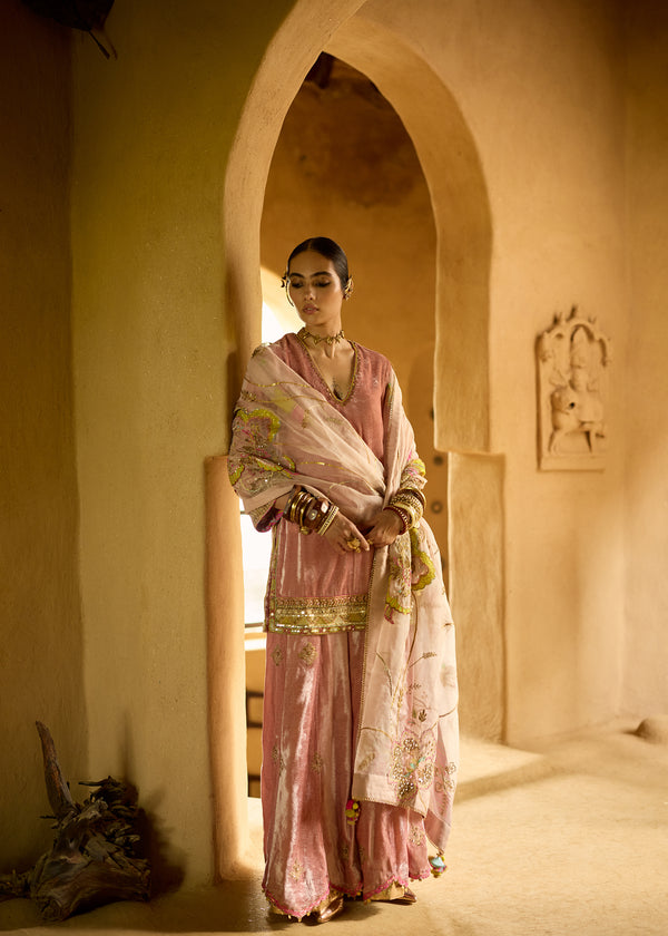 Nisbat Champagne Pink Velvet Sharara Set