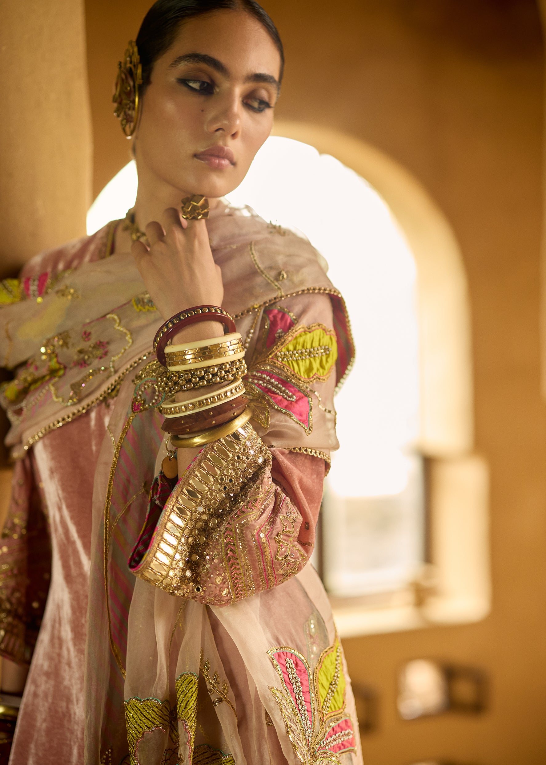 Nisbat Champagne Pink Velvet Sharara Set