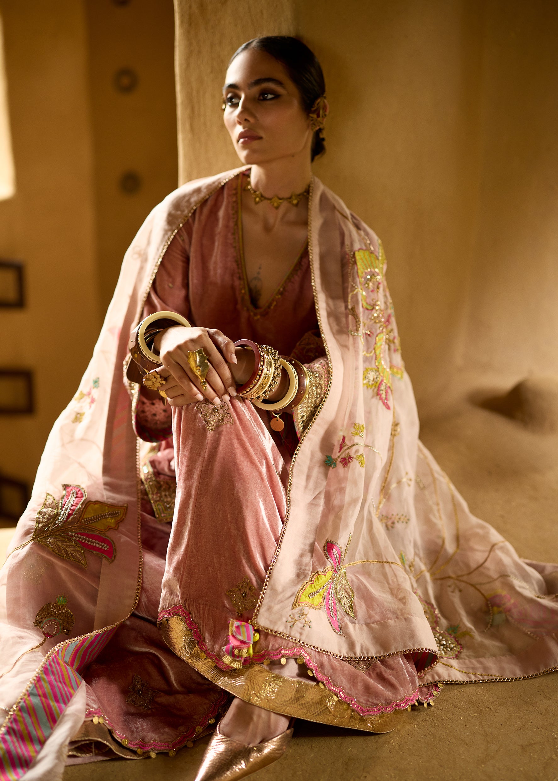 Nisbat Champagne Pink Velvet Sharara Set