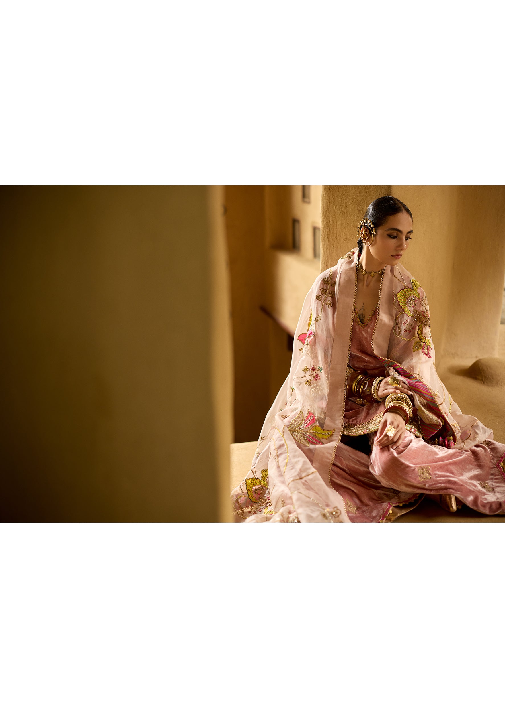 Nisbat Champagne Pink Velvet Sharara Set