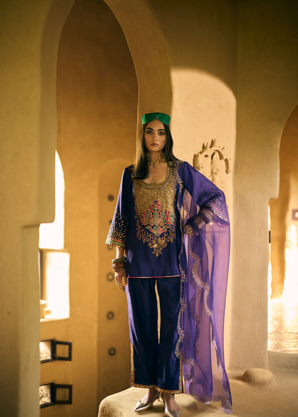 Nisbat Purple Silk Yoke Boota Kurta Set