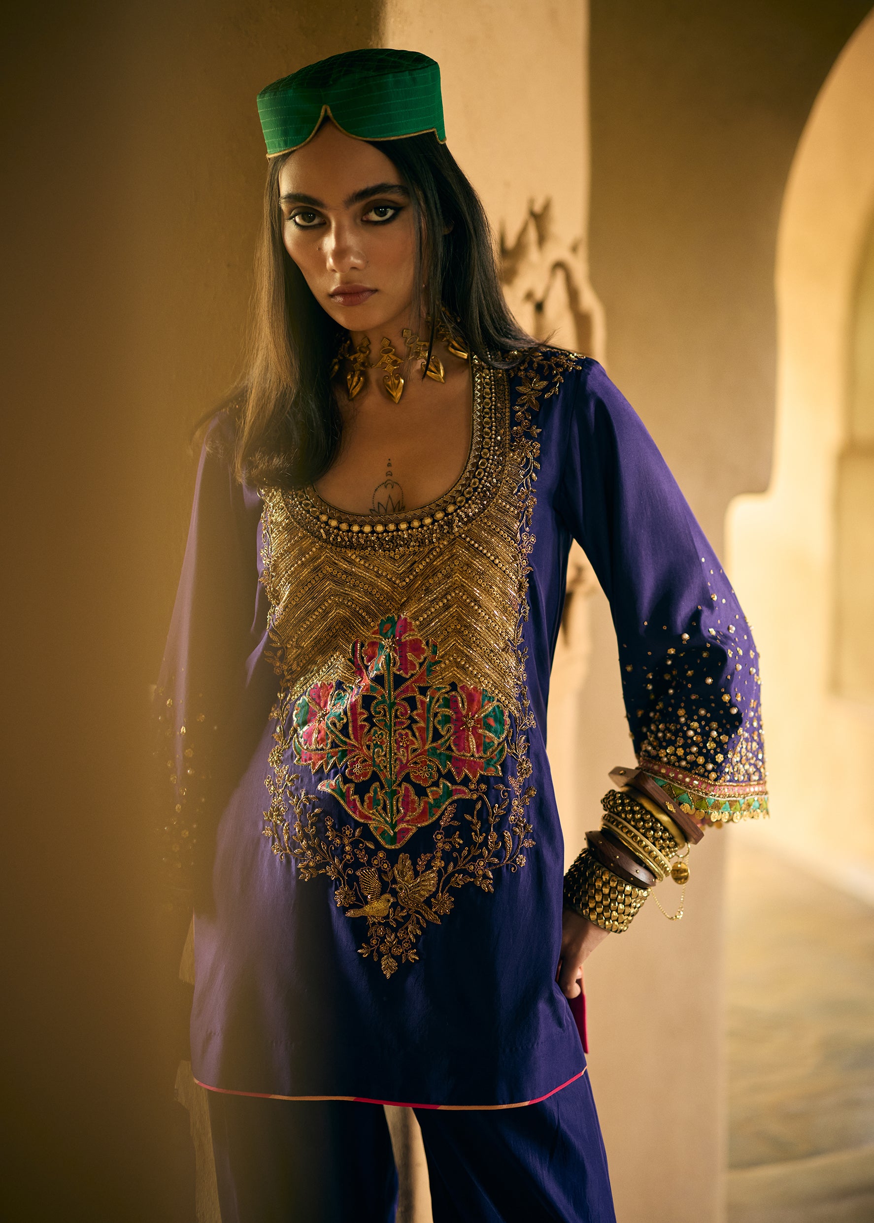 Nisbat Purple Silk Yoke Boota Kurta Set