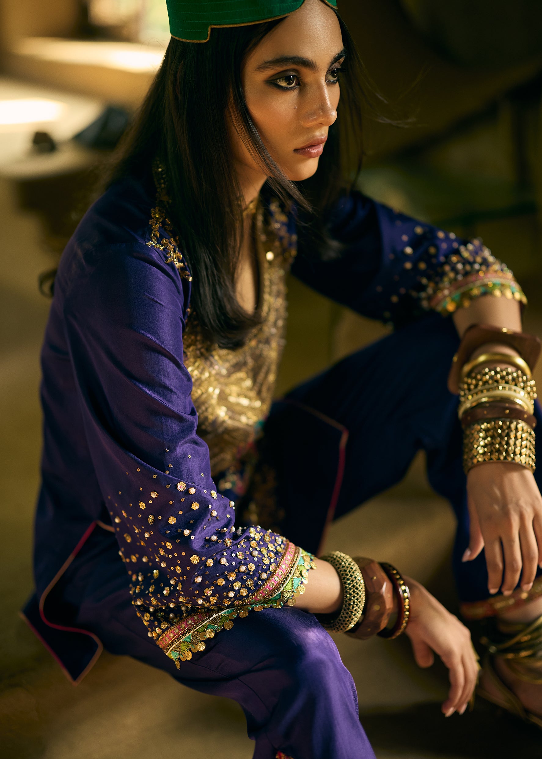 Nisbat Purple Silk Yoke Boota Kurta Set