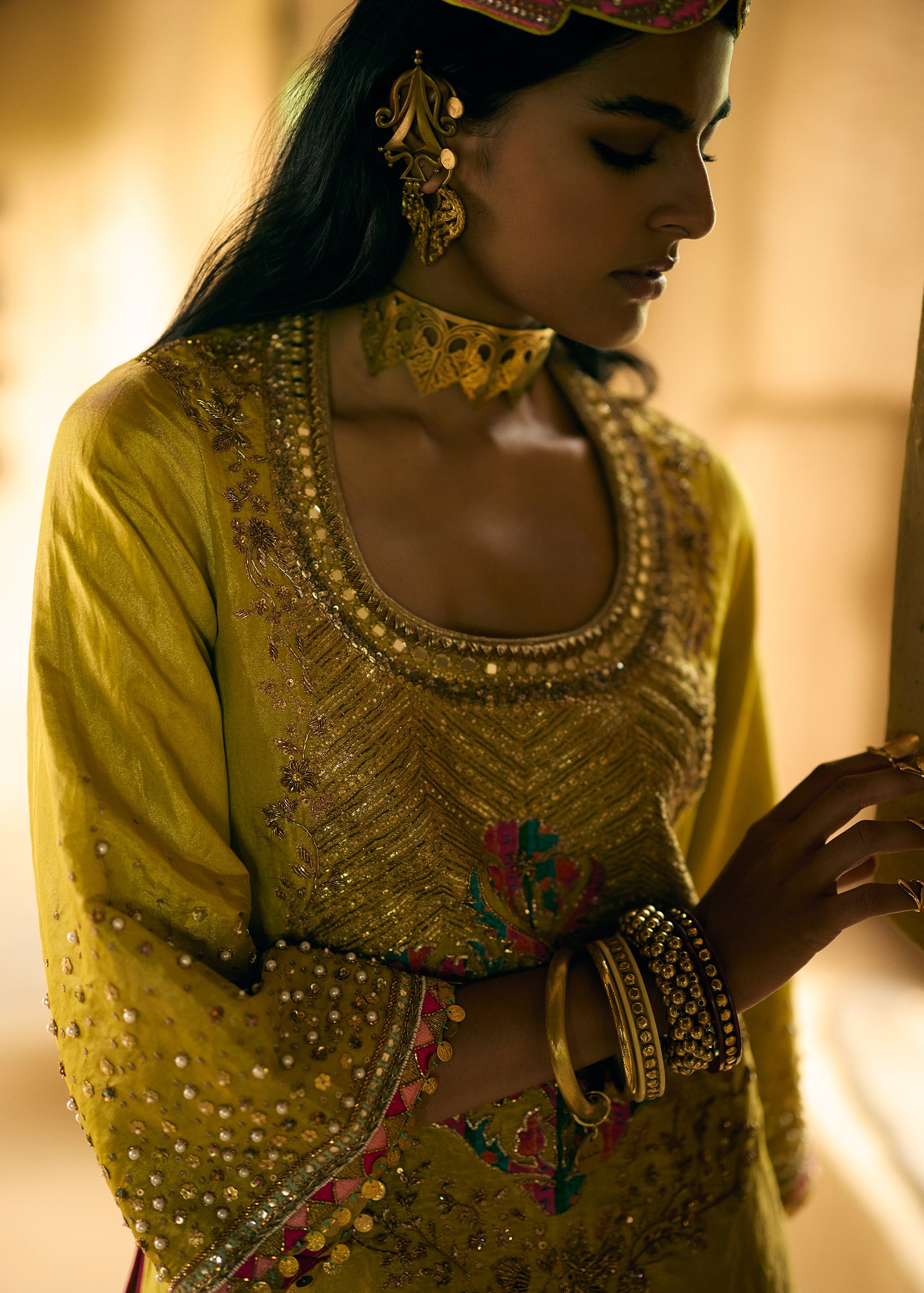 Nisbat Yellow Tissue Yoke Boota Kurta Set