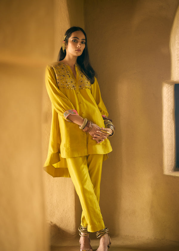 Nisbat Yellow Silk Shirt Co-ord Set