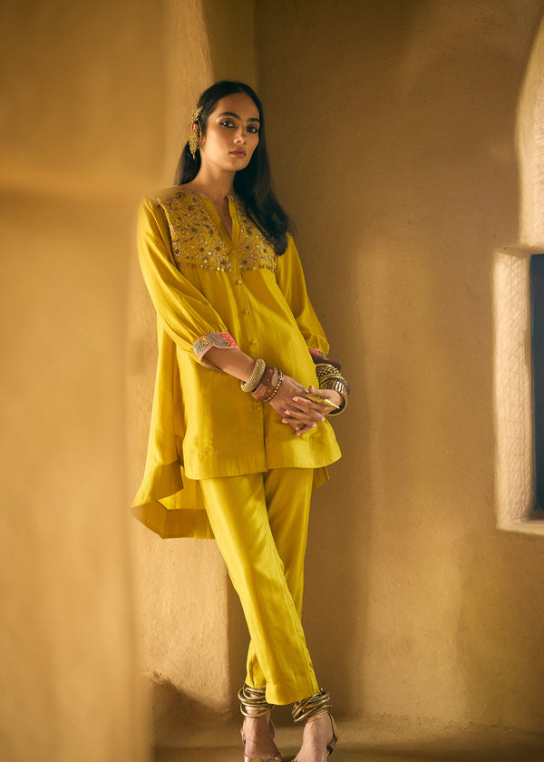 Nisbat Yellow Silk Shirt Co-ord Set