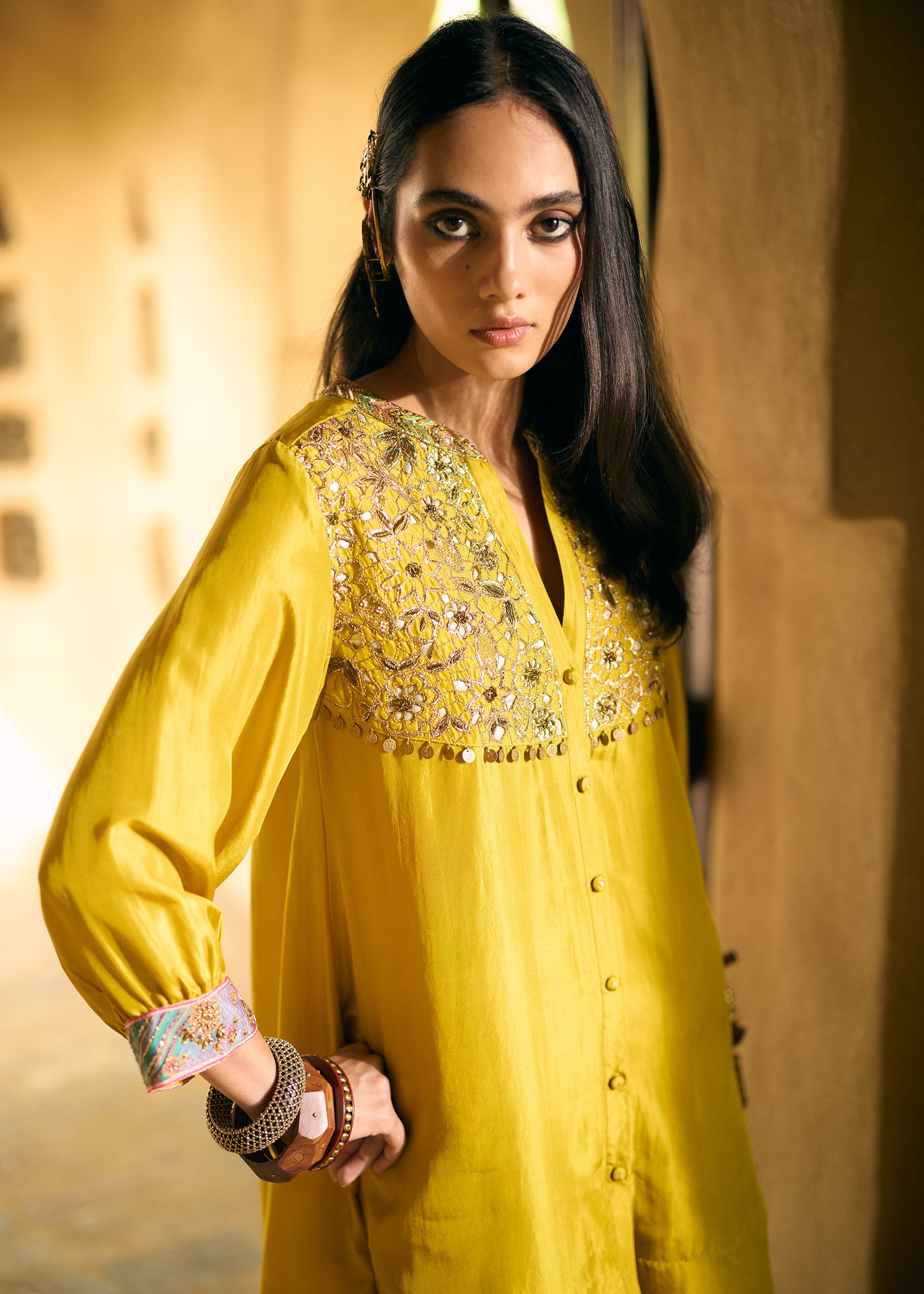 Nisbat Yellow Silk Shirt Co-ord Set