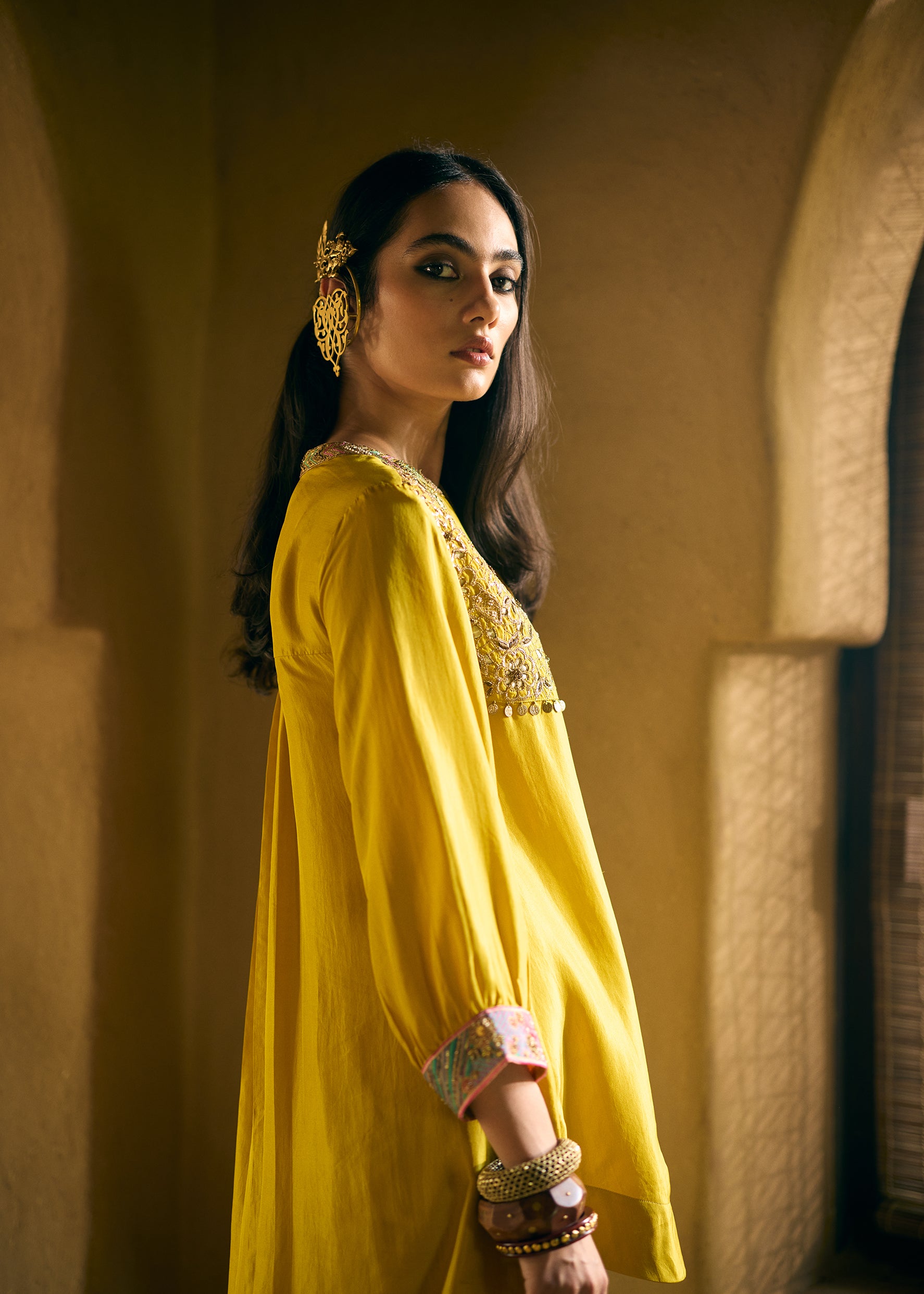 Nisbat Yellow Silk Shirt Co-ord Set