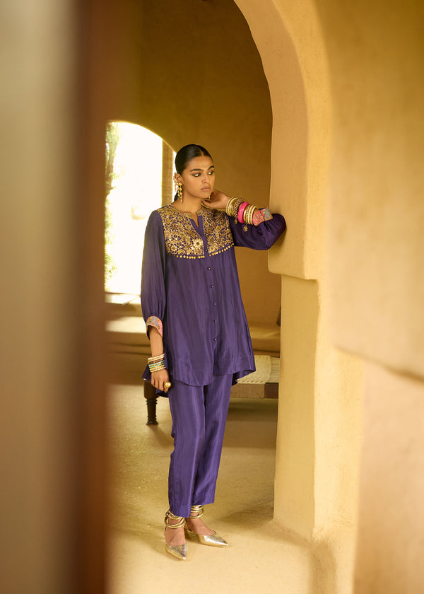 Nisbat Purple Silk Shirt Co-ord Set