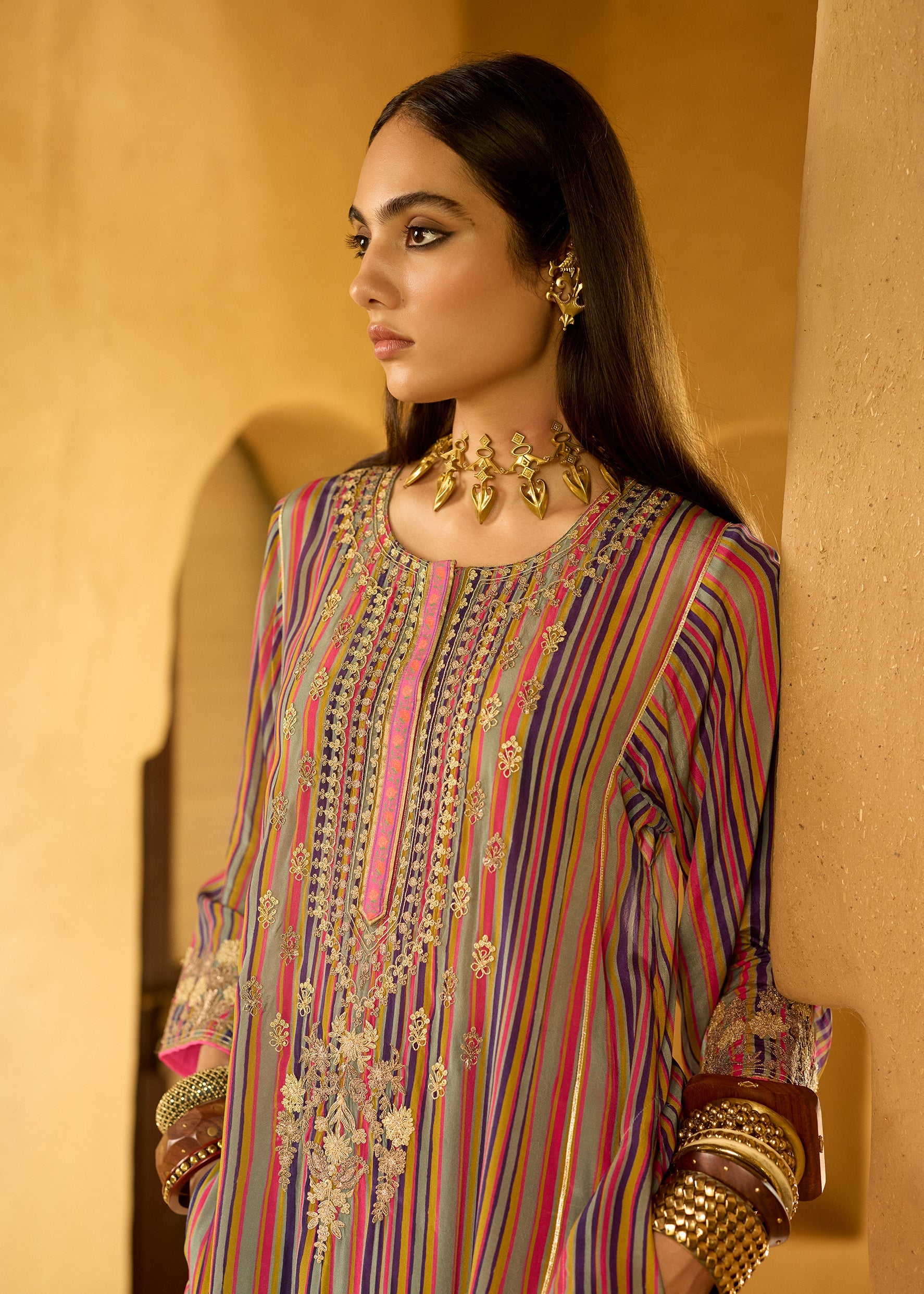 Nisbat Purple Stripe Dori Kurta Set