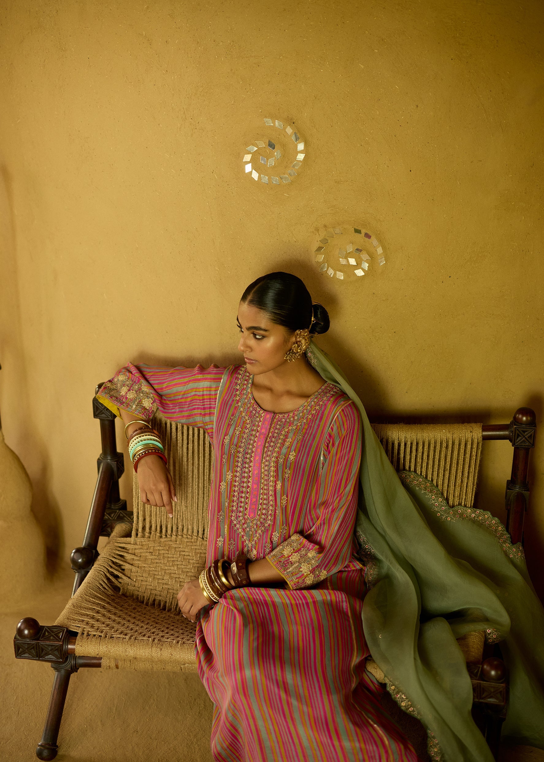 Nisbat Pink Yellow Stripe Dori Kurta Set