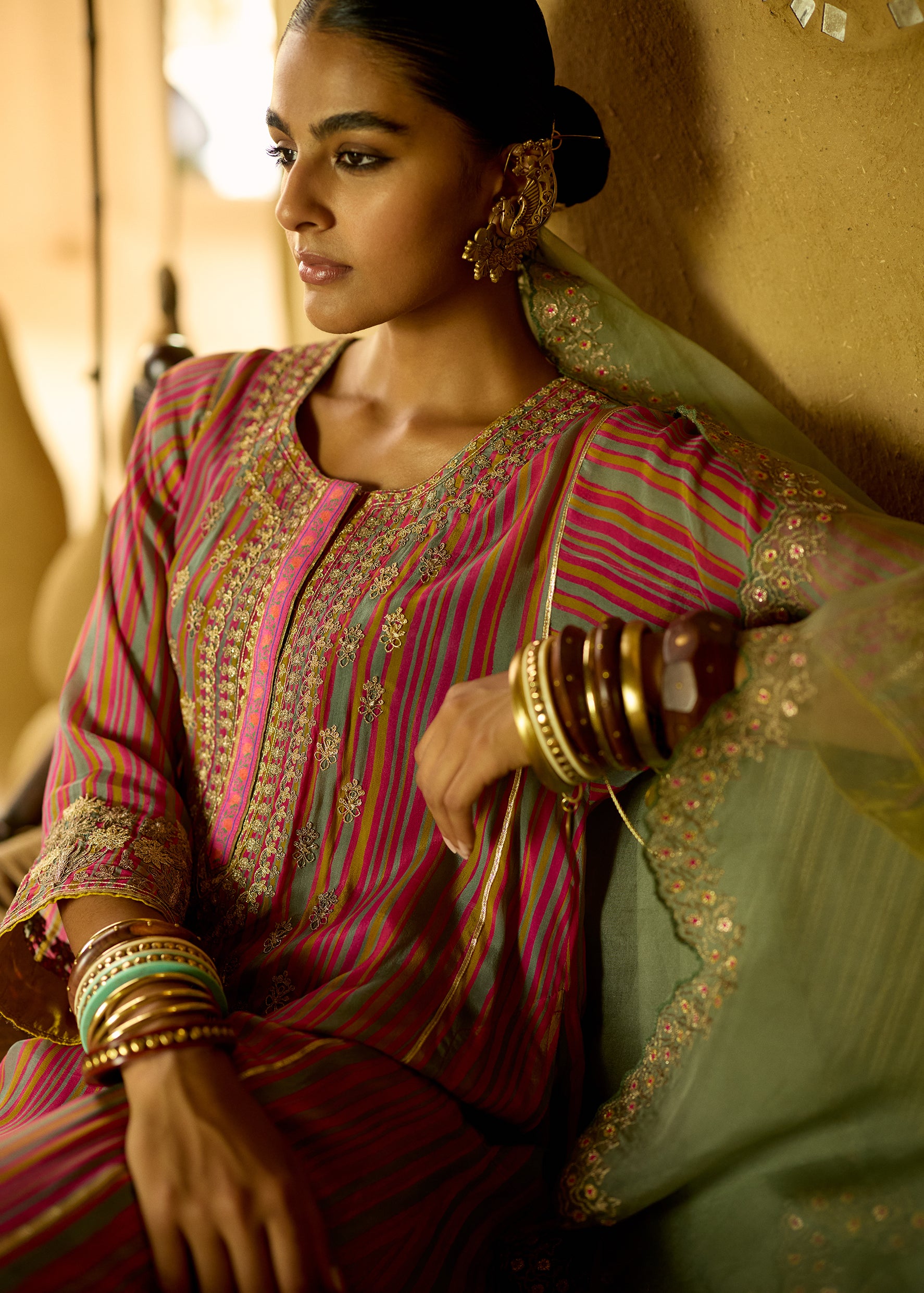 Nisbat Pink Yellow Stripe Dori Kurta Set