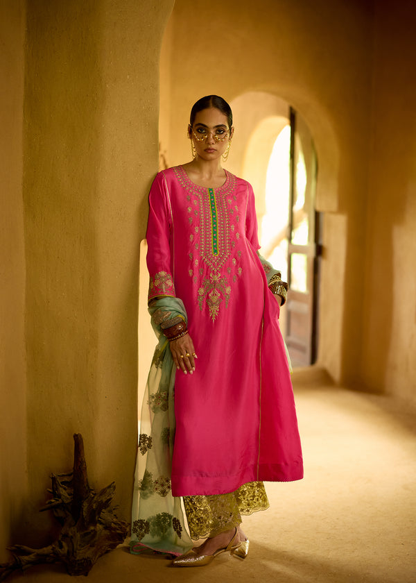 Nisbat Hot Pink Silk Dori Kurta Set
