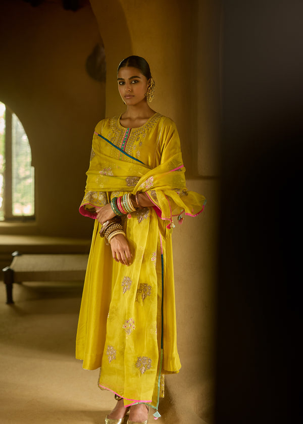 Nisbat Yellow Silk Dori Kurta Set