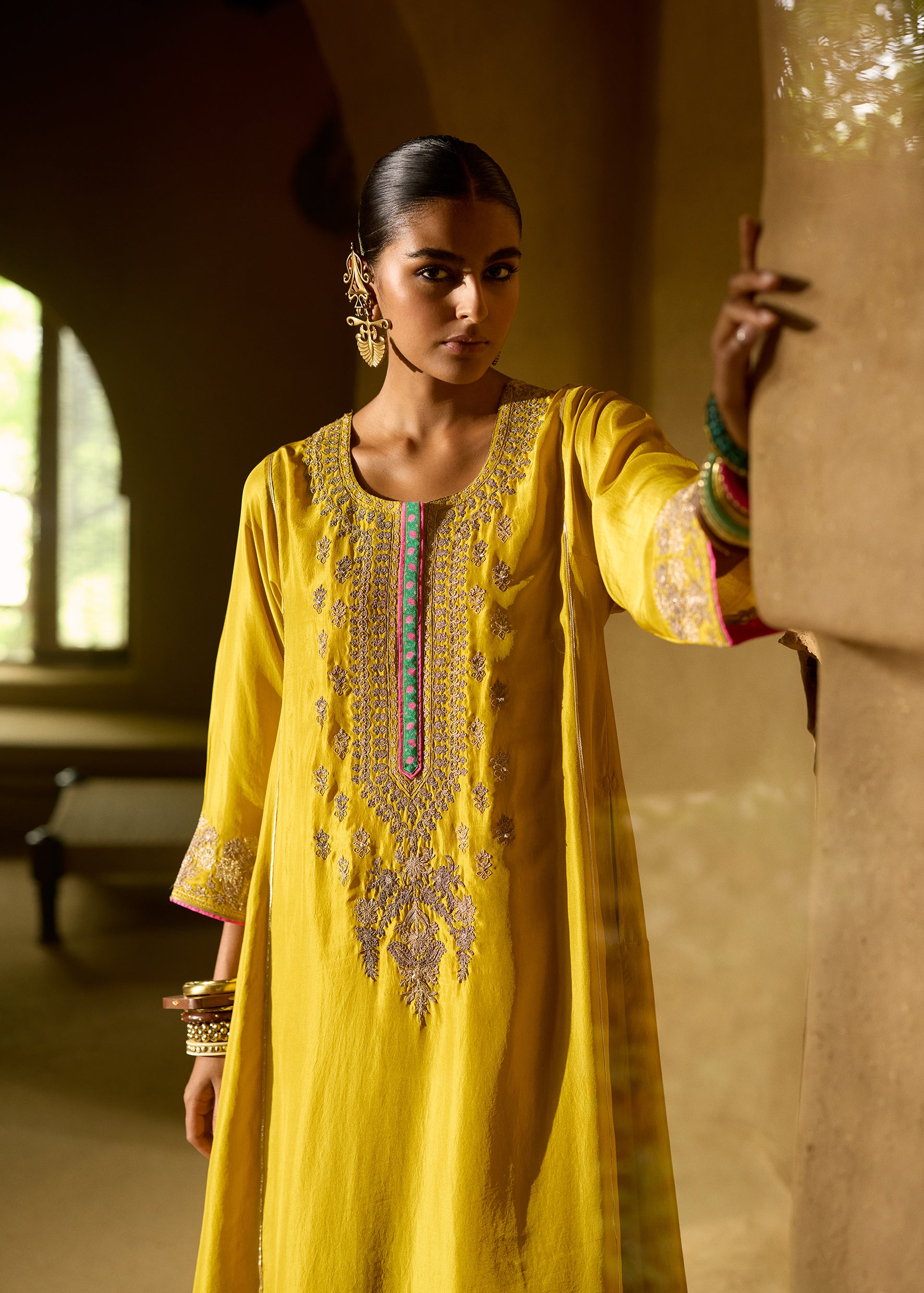 Nisbat Yellow Silk Dori Kurta Set