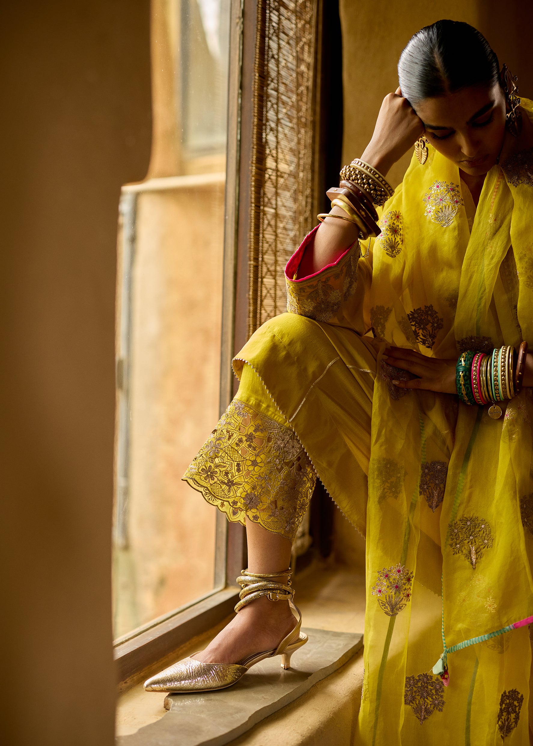 Nisbat Yellow Silk Dori Kurta Set