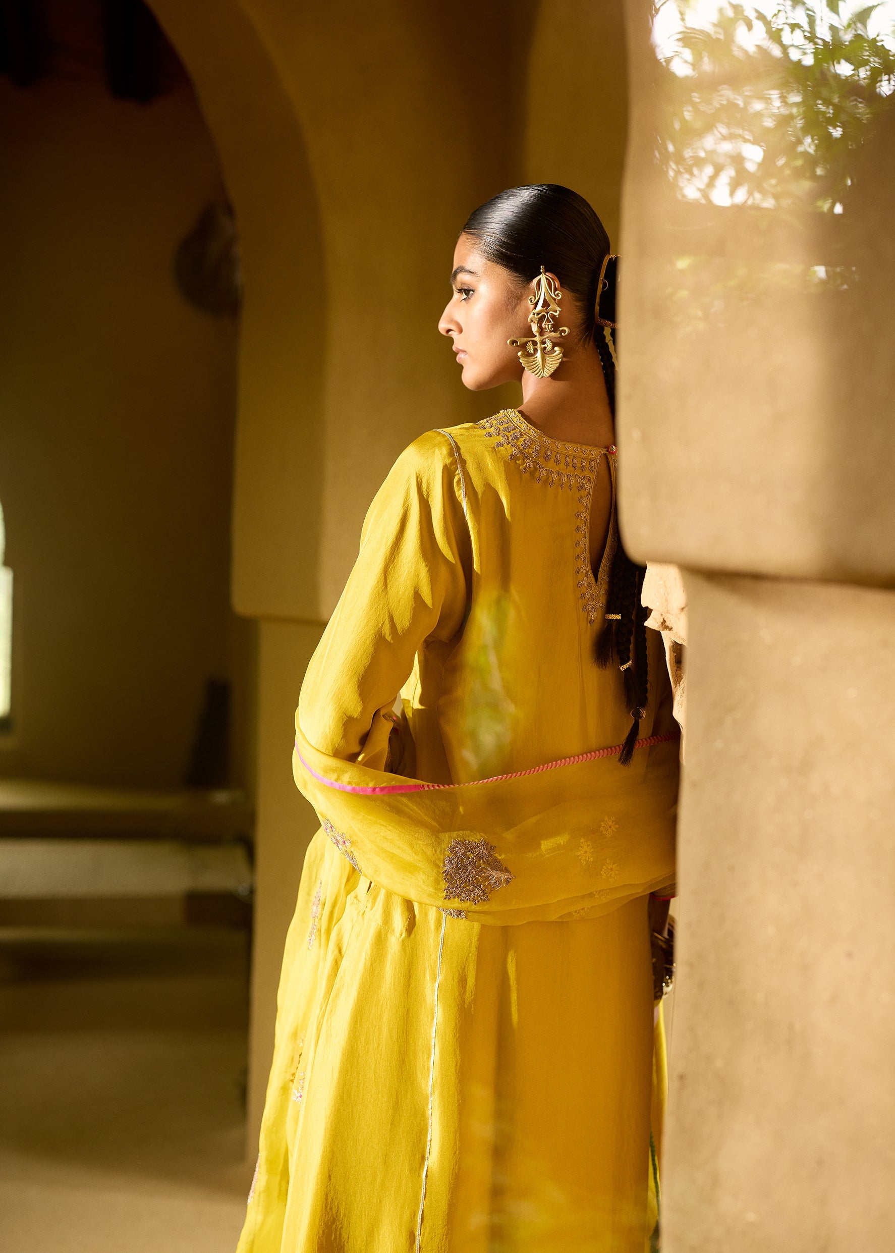 Nisbat Yellow Silk Dori Kurta Set