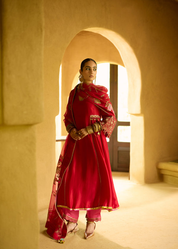 Nisbat Red Silk Side Kali Kurta Set