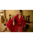 Nisbat Red Silk Side Kali Kurta Set