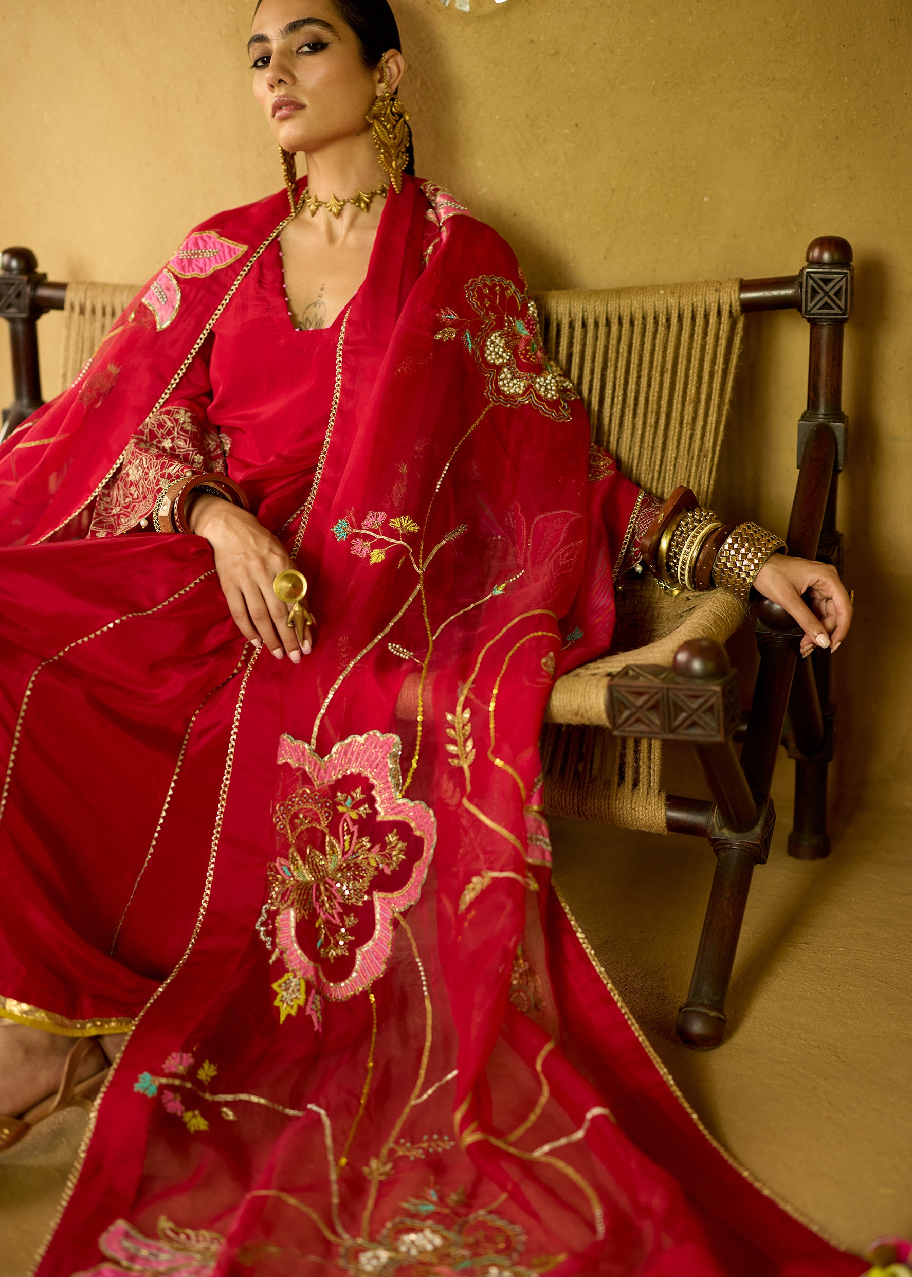 Nisbat Red Silk Side Kali Kurta Set