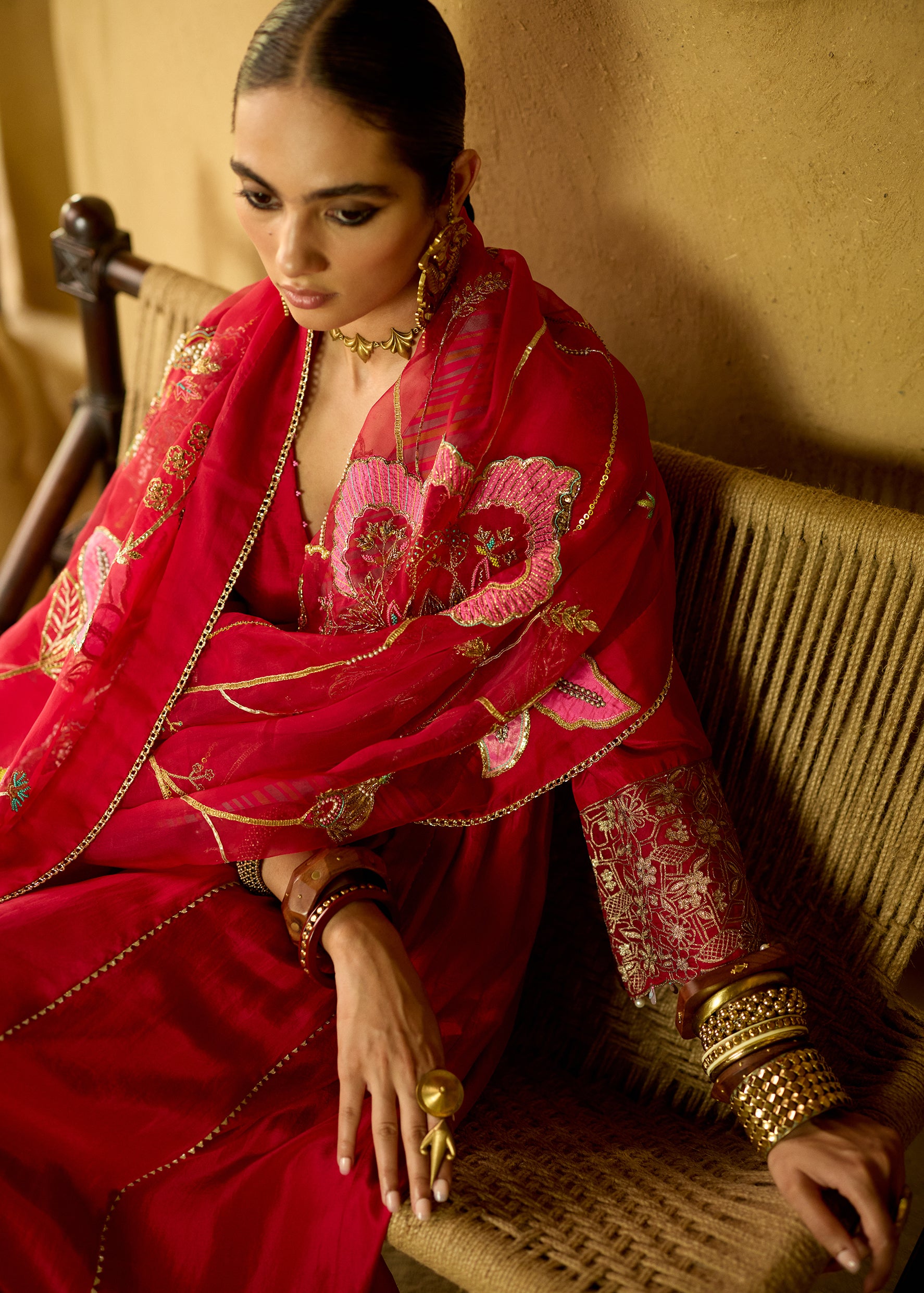 Nisbat Red Silk Side Kali Kurta Set