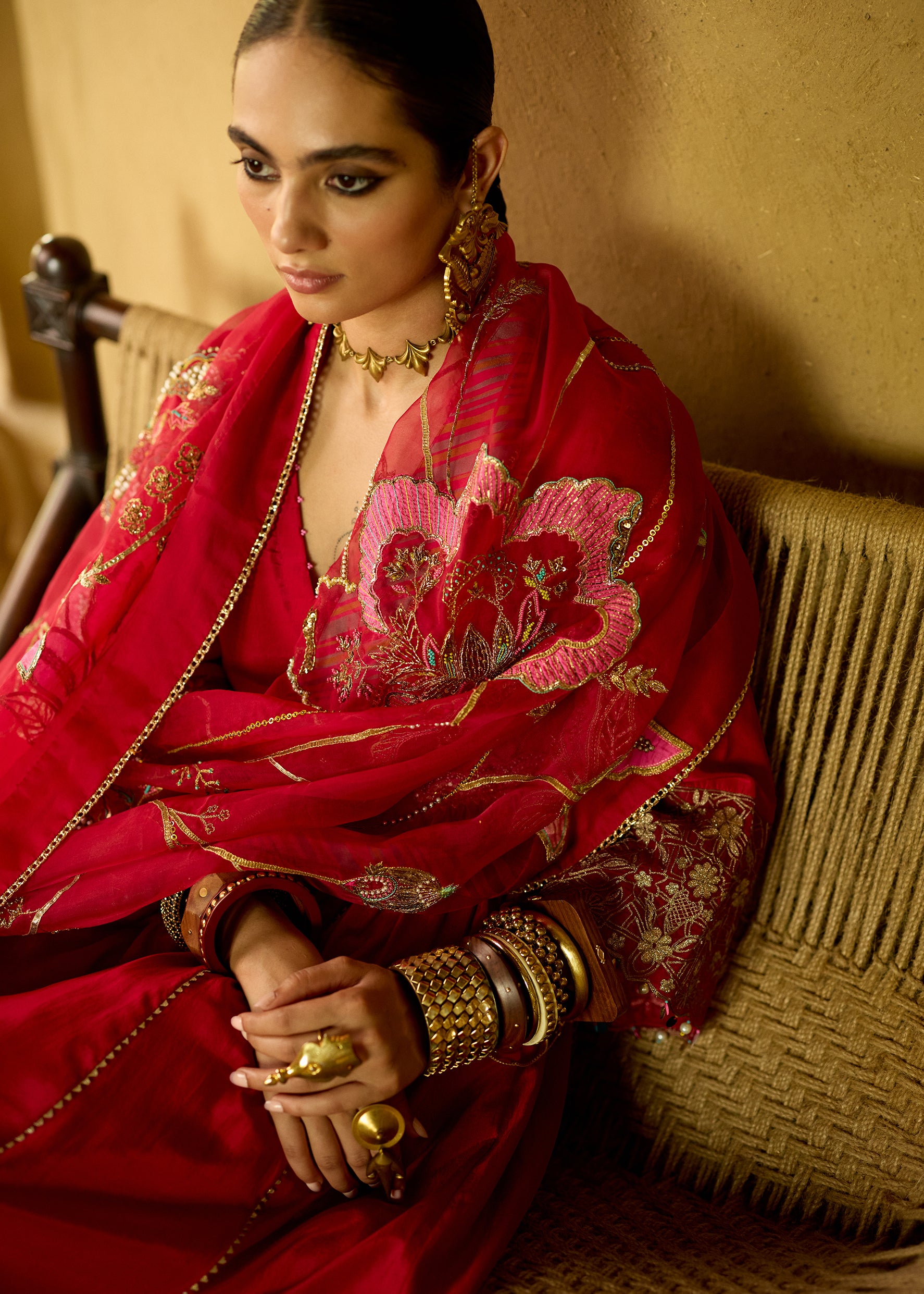 Nisbat Red Silk Side Kali Kurta Set