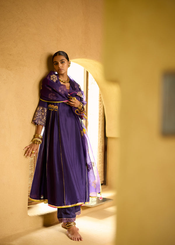 Nisbat Purple Silk Side Kali Kurta Set