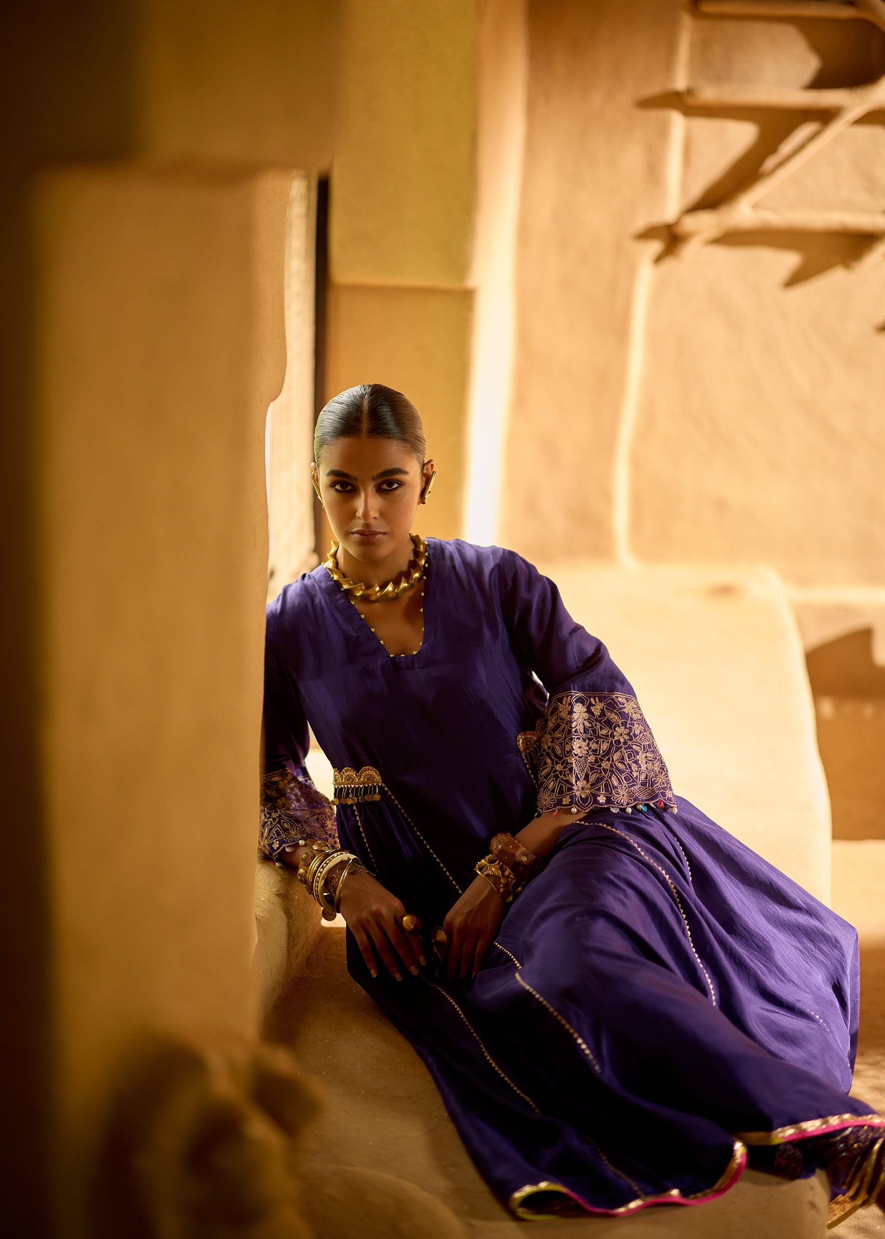 Nisbat Purple Silk Side Kali Kurta Set